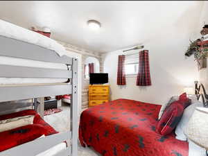 Bedroom featuring light carpet