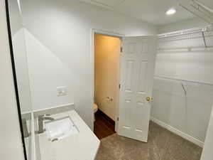 Bathroom featuring vanity, dark colored carpet, a spacious closet, and recessed lighting
