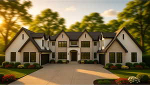 View of front facade with stone siding, a front lawn, and concrete driveway