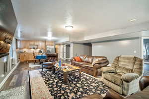 Living room with a textured ceiling and dark wood-type flooring