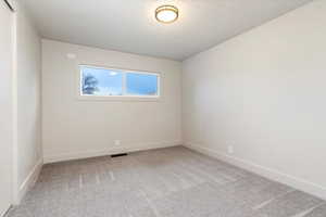 Empty room featuring light colored carpet and a textured ceiling