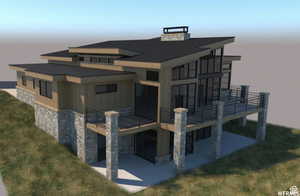Back of house at dusk featuring stone siding, a patio, board and batten siding, and a chimney