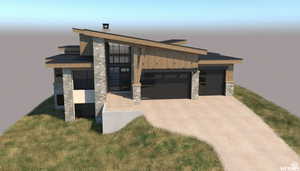 Contemporary house featuring stone siding, concrete driveway, a garage, and board and batten siding