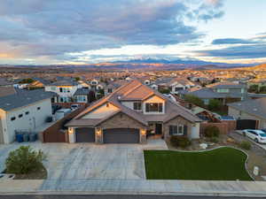 Aerial view of residential area with Pine Valley Mountain