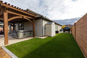 Turf, toy parking and garden spot.