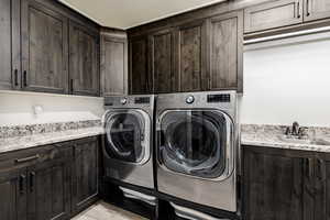 Washroom featuring shaker cabinets, sink and LG  washer and dryer included