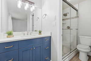 Bathroom with a stall shower, vanity, and wood finished floors