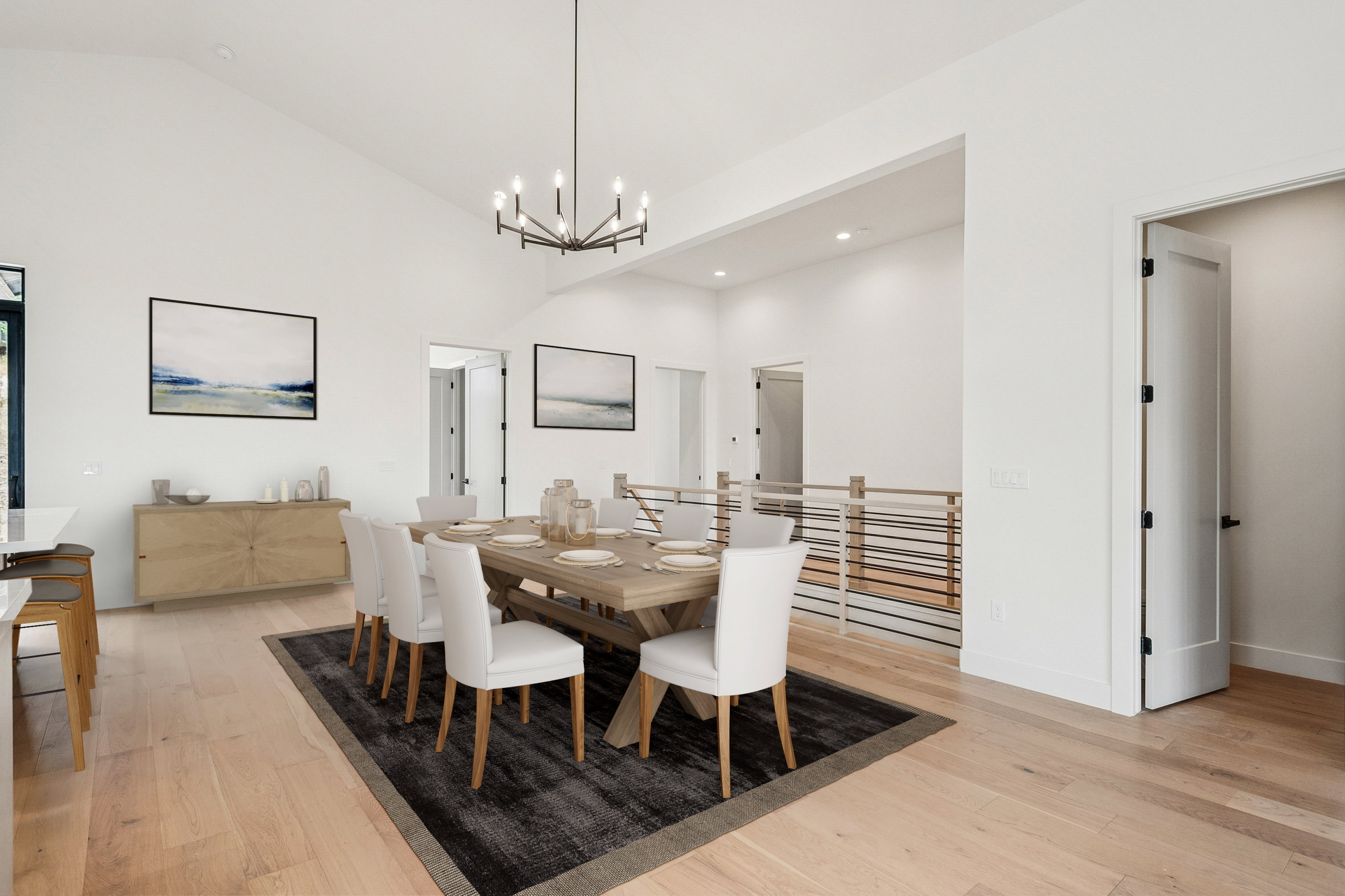 Spacious dining area near top of stairs from entry leve great rooml of home (virtual staging)