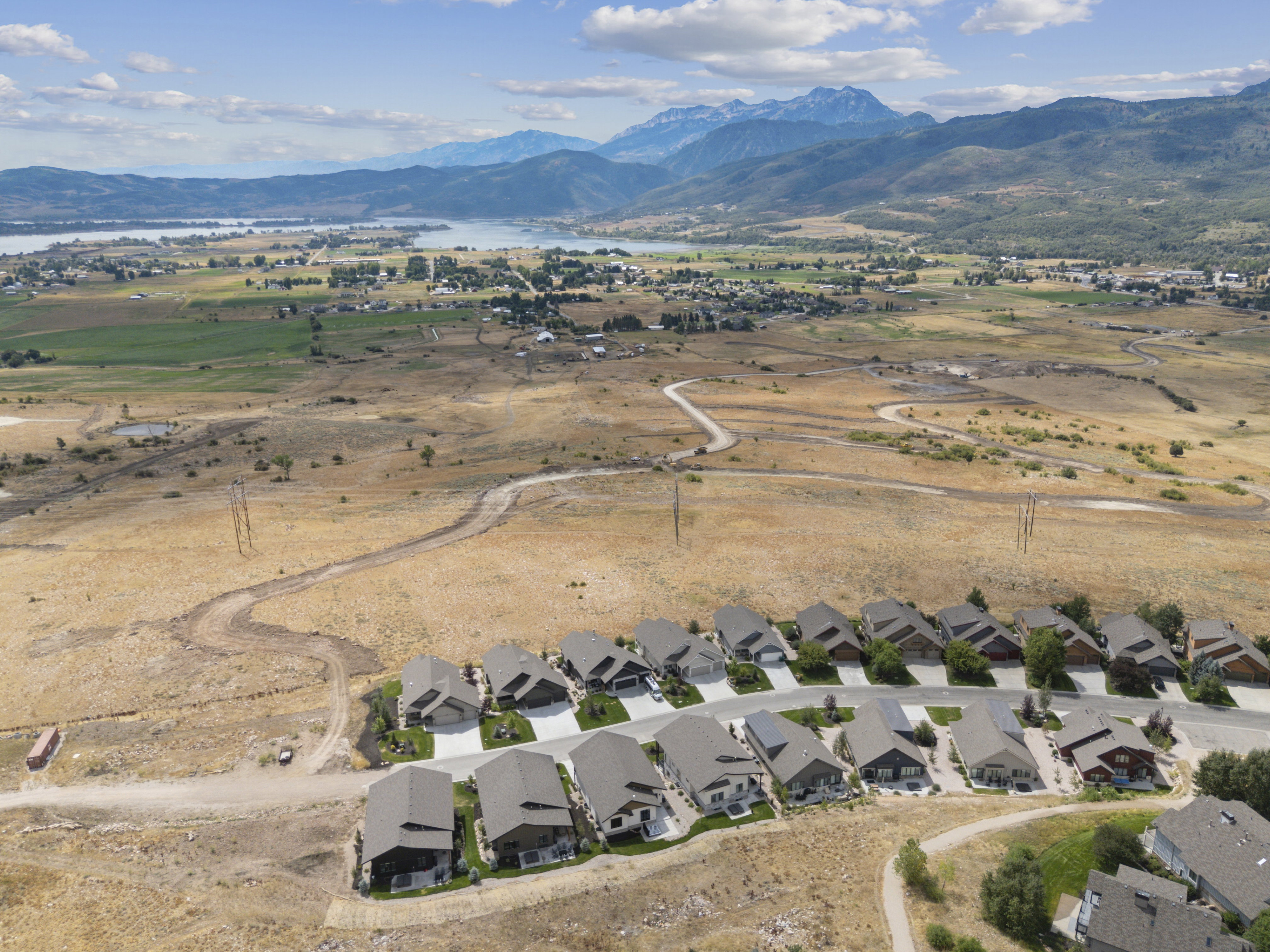 Aerial view of the Eden/Ogden Valley with views of Pineview and Snowbasin in the distance.