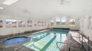 Indoor community pool with ceiling fan