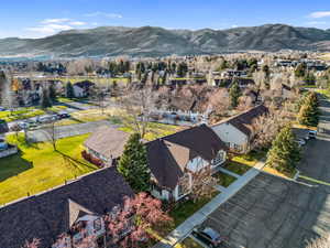 Aerial view of residential area with mountains