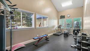 Gym featuring rubber floors, healthy amount of natural light, and high vaulted ceiling