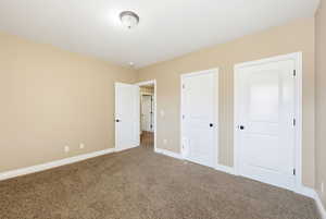 Unfurnished bedroom featuring carpet and a closet