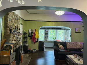 Living room with arched walkways and wood-type flooring