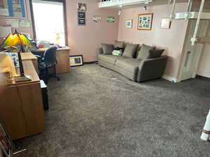 Home office featuring dark carpet