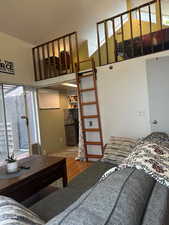 Bedroom featuring wood finished floors and a towering ceiling