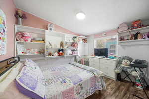 Bedroom with lofted ceiling, a textured ceiling, and dark wood-type flooring