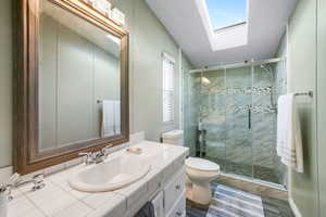 Bathroom with vanity, a skylight, and a shower stall