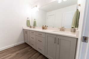 Bathroom with double vanity and dark wood-style floors