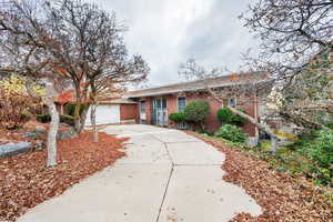 Ranch-style house featuring concrete driveway, an attached garage, and brick siding