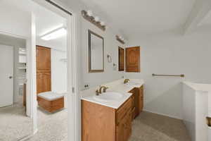 Full bath featuring light carpet and vanity