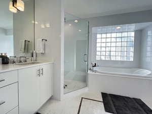 Primary full bathroom featuring dual vanity, separate bath, and walk-in shower