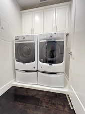 Laundry area with cabinet space, washing machine and clothes dryer, electric panel, and dark wood finished floors