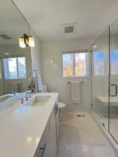Full bathroom with tile walls, vanity, a walk-in shower, tile patterned flooring, and plenty of natural light
