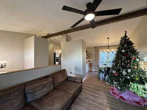 Living room with a chandelier, dark wood-type flooring, a textured ceiling, and a ceiling fan