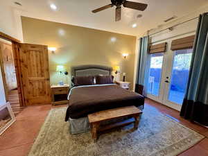 Bedroom featuring access to exterior, a ceiling fan, french doors, and recessed lighting