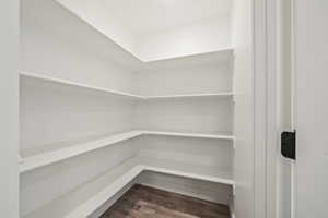 Large walk-in pantry with wraparound shelving and ample storage for kitchen essentials and bulk items.