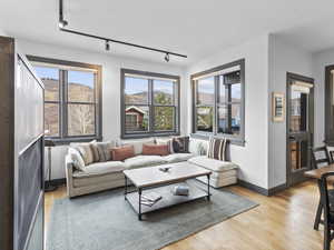 Living room with rail lighting and light wood-type flooring