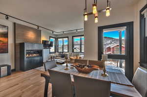 Dining space featuring rail lighting, light wood-style flooring, and a fireplace
