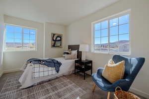 Carpeted bedroom featuring multiple windows and a mountain view