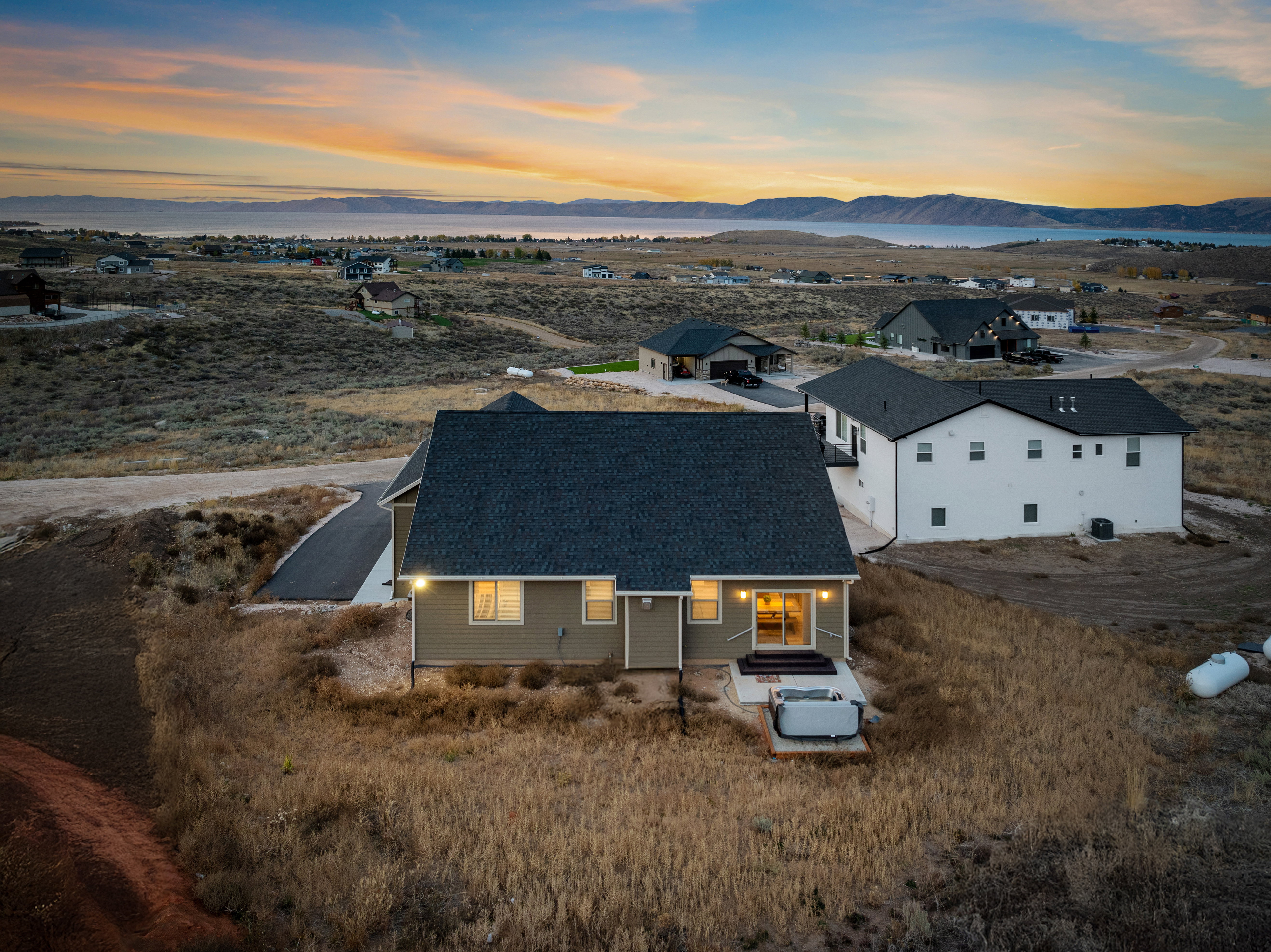 Aerial view at dusk of a mountain view