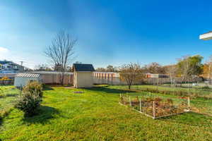 Fenced backyard featuring a storage unit and a vegetable garden