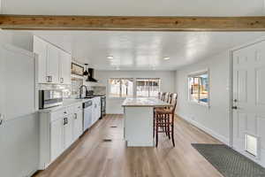 Kitchen featuring white cabinetry, light countertops, a kitchen bar, stainless steel appliances, and recessed lighting