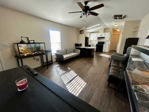 Living room featuring vaulted ceiling, dark wood-type flooring, and ceiling fan