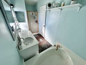 Full bathroom with a bath, vanity, a shower stall, and dark wood-style flooring