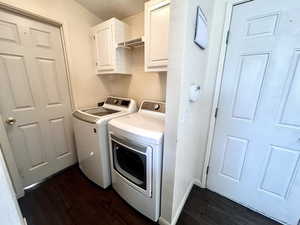 Laundry area featuring dark wood-style flooring, washing machine and clothes dryer, and cabinet space