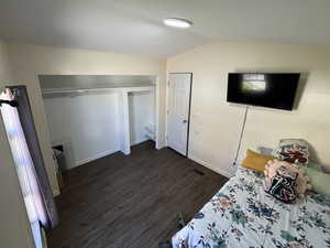 Bedroom featuring vaulted ceiling, dark wood finished floors, and a closet