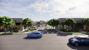 View of asphalt road with curbs and sidewalks