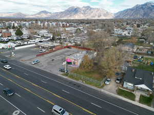 Aerial view of residential area with a mountain backdrop
