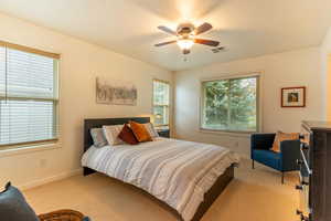 Bedroom featuring carpet floors and ceiling fan and walkin closet and bathroom.