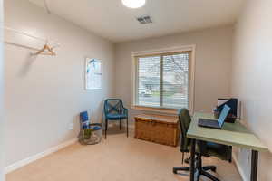 Carpeted home office  or bedroom with baseboards, and closet.
