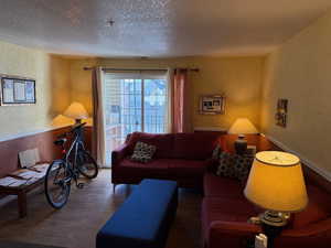 Living room featuring a textured wall, a textured ceiling, and wood finished floors