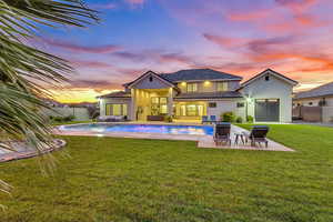 Rear view of property featuring an outdoor hangout area, stucco siding, a fenced backyard, ceiling fan, and an outdoor pool