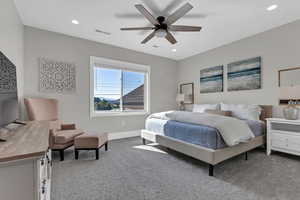 Bedroom featuring carpet, a ceiling fan, recessed lighting, and a desk
