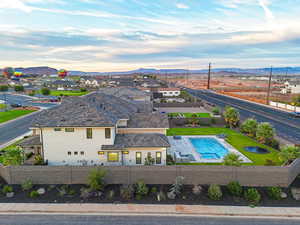 Aerial view of residential area with a mountainous background