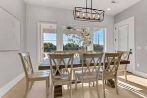 Dining space featuring plenty of natural light, a chandelier, a ceiling fan, and light wood finished floors